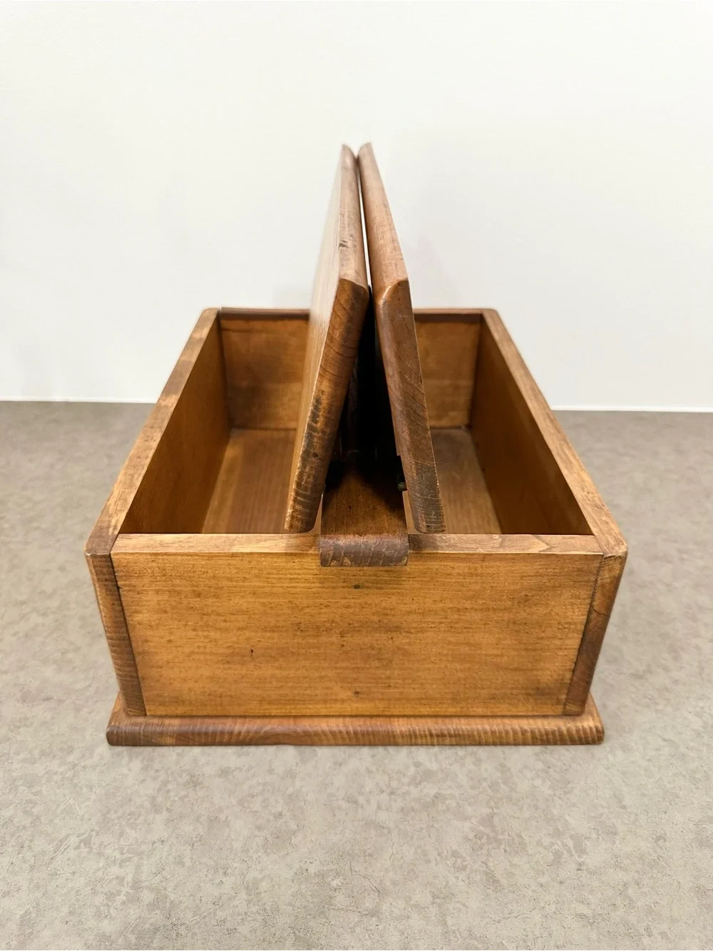 Vintage Wooden Handled Storage Box Tool Caddy Dual Hinged Lid Warm Honey Brown